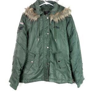 Quilted Army Jacket Womens Large Green Faux Fur Hood Patches Utility Y2K